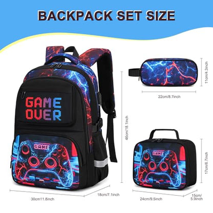 3PCS School Backpack for Boys, Cool Gamer Boys Backpack with Lunch Box and Pencil Case for Kids Kindergarten Teens Elementary Middle School Bag with Convenient Charging Port,Gaming Bookbag Waterproof - color: Futuristic Red & Blue Lightning
