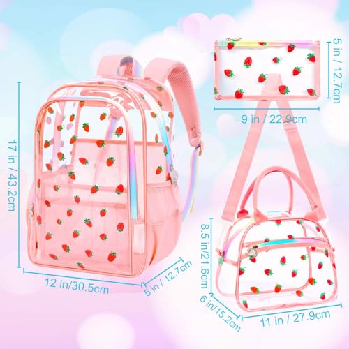 gxtvo 3PCS Clear Backpack for Girls Heavy-Duty Set for Women & Teen, 17" Pink Transparent Bookbag with Rainbow Strap, Cute Strawberry See Through School Bag - color: Pink Strawberry Clear Backpack Set