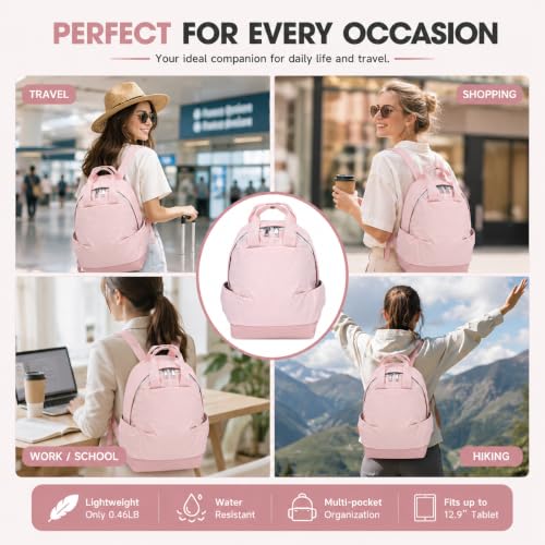 Backpack for Women Fashion Small Bookbag, Water Resistant Lightweight Nylon Daypack for Travel, Hiking & Daily Use - color: Pink