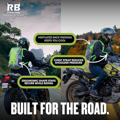 riderbag Reflective Motorcycle Backpack, Hi Viz Commuter Riding Bag | Designed by Riders for Everyday Rides with Laptop Compartment and Helmet Net. Built to Help You Be Seen. - color: Green