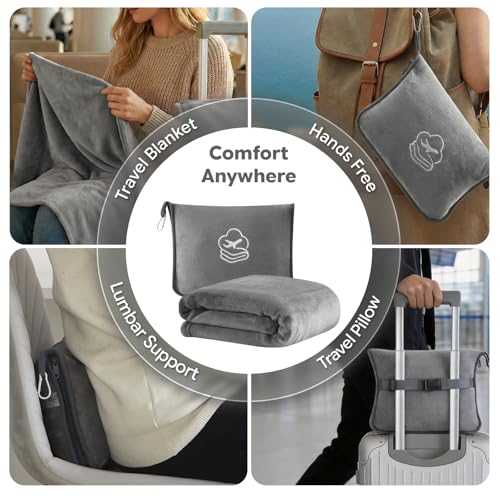 Travel Blanket, Soft 2-in-1 Airplane Blanket, 65x40 Inches, Travel Blanket Airplane Compact with Bag, Car Blanket with Luggage Sleeve & Backpack Clip (Light Grey) - color: Light Grey