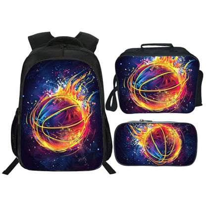 Kids Backpack School Bookbag 16inch Schoolbag With Lunch Box Bag And Pencil Case Set For Boys Girls - color: Basketball