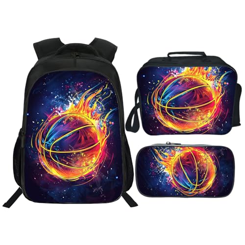 Kids Backpack School Bookbag 16inch Schoolbag With Lunch Box Bag And Pencil Case Set For Boys Girls - color: Basketball