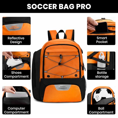 Soccer Backpack with Ball Holder,Youth soccer Bag for Basketball,Volleyball-Includes Separate Shoe Compartment&and Insulation (Orange) - color: Orange