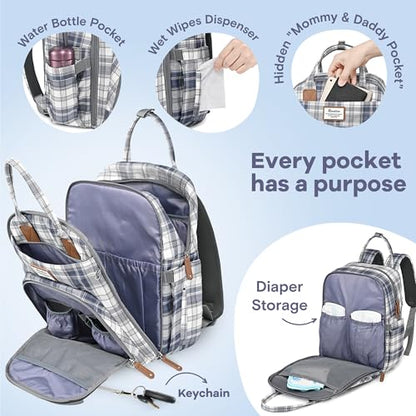 RUVALINO Diaper Bag Backpack, Multifunction Travel Pack Maternity Baby Changing Bags, Large Capacity, Waterproof, Blue Plaid - color: Blue Plaid