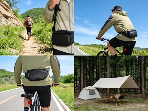 large 3 Pockets Leather Fanny Pack Travel Waist packs Waist Pack Suitable for Outdoor Mountaineering Travel Camping Cycling Running etc Fanny packs (Black) - color: Black 381 model