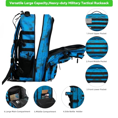 Military Tactical Backpack 55L for Men & Women Bug Out Bag Assault pack Molle Daypack Hiking Trekking Rucksack (Blue tie dye) - color: Blue Tie Dye