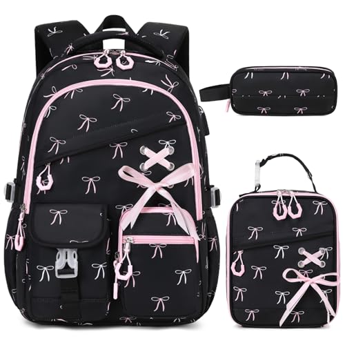 DIGOBAY Backpacks for Girls - 3PCS Girls Backpack with Lunch Box & Pencil Pouch School Backpacks for Elementary Middle High College School Bookbag for Teen Girl Kids Students Black-bow - color: Black-bow