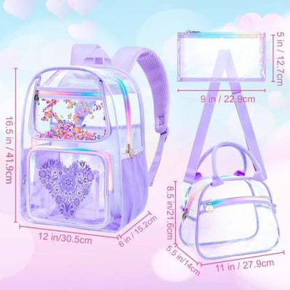 gxtvo 3PCS Clear Backpack, Women’s Sequins Transparent Bookbag Set, Cute Heavy Duty See-Through School Bag for Teens and Elementary Students – Flower Purple Love - color: Flower Purple Love Clear Backpack Set