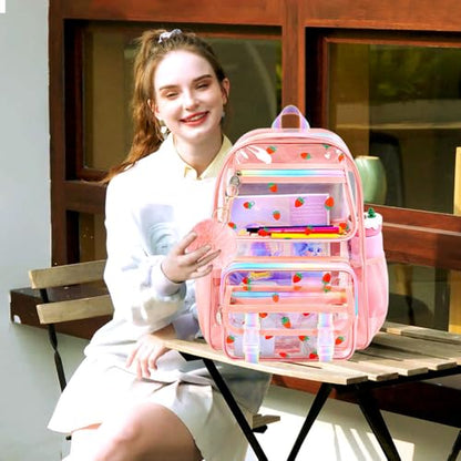 KLFVB Girls Clear Backpack Heavy Duty, 3PCS See Through School Bag Set, Cute Transparent Bookbag for Women - Strawberry Pink - color: Strawberry Pink Clear Backpack