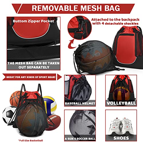 STAY GENT Drawstring Basketball Backpack for Boys, Foldable Soccer Backpack Gym Bag Sackpack Sports Sack with Detachable Ball Mesh Bag for Volleyball Baseball Yoga - color: Red