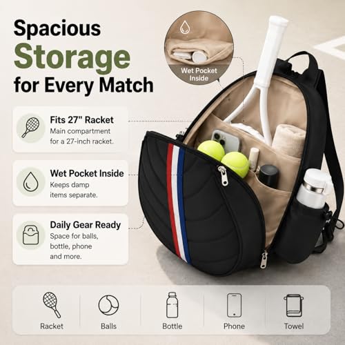 Tennis Bag, Water Resistant Tennis Backpack for Women Men, Quilted Crossbody Sling Design for Tennis, Pickleball, Badminton Rackets - color: Black