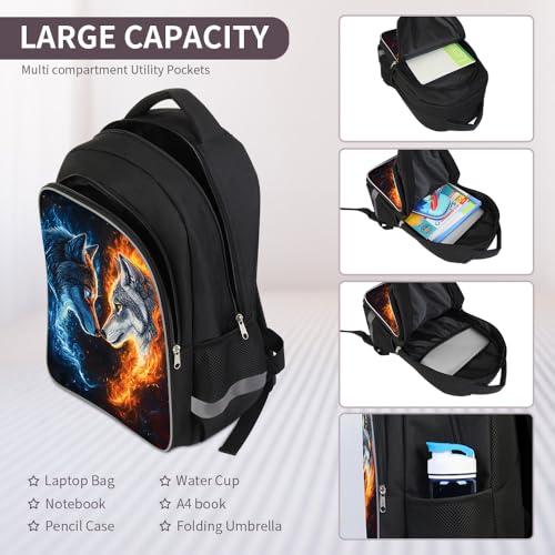 HiMagics Aesthetic School Backpack 3-in-1 Set for Kindergarten Teen Girls Boys - Laptop Bookbag with Insulated Lunch Box & Pencil Case Wolf Pattern - color: A04-wolf-set