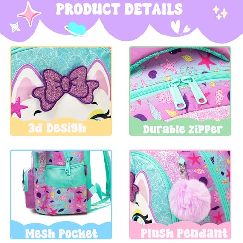Meetbelify Kids School Backpacks for Girls Boys Backpack with Lunch Bag for Elmentary Students - color: 01 Mermaid Cat