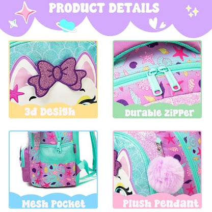 Meetbelify Kids School Backpacks for Girls Boys Backpack with Lunch Bag for Elmentary Students - color: 01 Mermaid Cat
