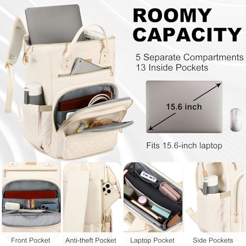 AIJIEKE Lunch Backpack for Women, 15.6 Inch Laptop Backpack with Detachable Insulated Cooler Lunch Box, 2-in-1 Water Resistant Work Computer Bag for Nurse Teacher College Commute, Beige - color: Beige