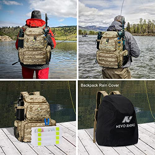 N NEVO RHINO Fishing Tackle Backpack with Rod Holders, 40L Large Fishing Bag with Waterproof Rain Cover,Outdoor Tackle Bag - color: Camouflage Yellow Pack without 4 Trays, size: Pack without 4 Trays