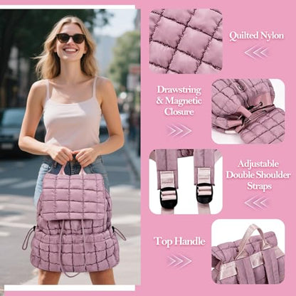 Quilted Puffer Backpack for Women Lightweight Soft Puffy Backpack Purse Casual Daily Drawstring Flap Daypack (Dark Purple) - color: Dark Purple