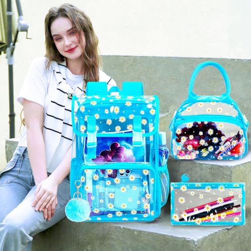 3Pcs Clear Backpack for Girls, School Kids Transparent Bookbag Set, 17" Daisy Stadium Approved See Through Backpack with Lunch Box (Blue) - color: Blue Daisy01