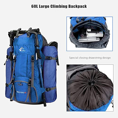 Bseash 60L Waterproof Hiking Camping Backpack with Rain Cover, Large Outdoor Sport Travel Daypack Rucksack for Climbing - color: Blue