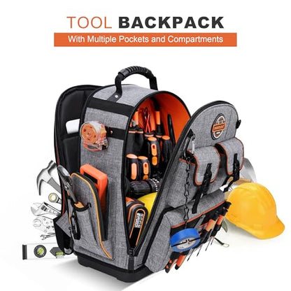 Tool Bag Backpack - Heavy Duty Tool Backpack, HVAC Tool Backpack Bag Organizer, Electrician Tool Bag with Laptop Compartment, Waterproof Molded Base, Combination lock & Durable 1680D - Gray