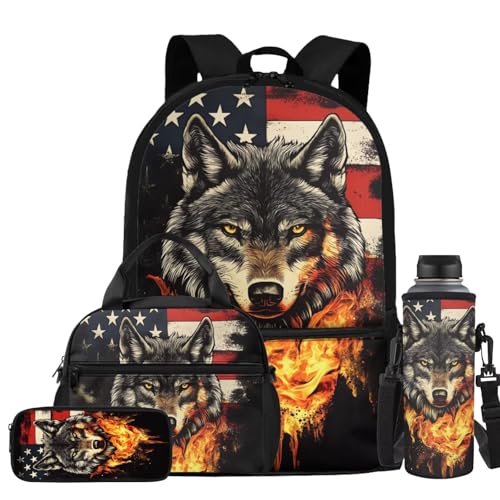 American Flag Wolf Backpack with Lunch Box for Boys 8-12 Kids Bookbag for Primary Elementary School Bags with Water Bottle Pouch and Pencil Case 4PCS Back to School Bags with Side Pocket - color: American Flag Wolf