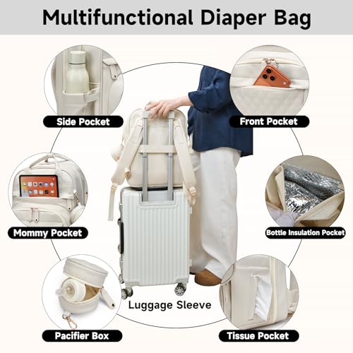 ANWTOTU Leather Baby Diaper Bags with Changing Station,Extra large Capacity Baby Diaper Bag Backpack,Waterproof Baby Essentials(White) - color: White