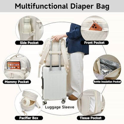 ANWTOTU Leather Baby Diaper Bags with Changing Station,Extra large Capacity Baby Diaper Bag Backpack,Waterproof Baby Essentials(White) - color: White