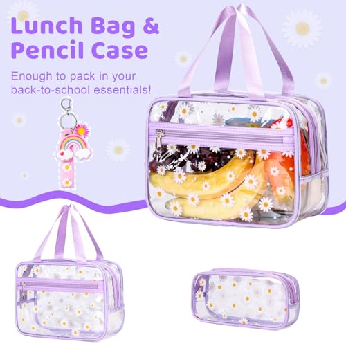 ACESAK Clear Backpack for Girls - 3 Pcs Clear Backpack Heavy Duty with Lunch Bag - See Through Bookbag Stadium Approved for Kids Middle High College School Sport Travel (Purple Daisy) - color: Purple Daisy