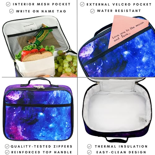Fenrici Galaxy Backpack with Lunch Box & Bento Box Matching Set, Laptop Backpack, Insulated Lunch Bag for Girls, Boys, Bento Box with 5 Compartments, Purple Galaxy, Pastel Blue - color: Purple Galaxy