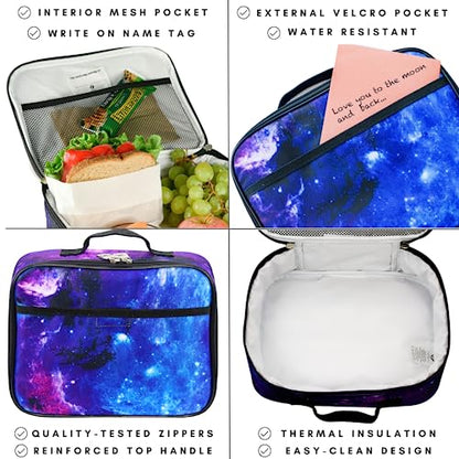 Fenrici Galaxy Backpack with Lunch Box & Bento Box Matching Set, Laptop Backpack, Insulated Lunch Bag for Girls, Boys, Bento Box with 5 Compartments, Purple Galaxy, Pastel Blue - color: Purple Galaxy