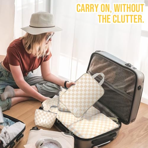 8 Set Compression Packing Cubes Travel, Lightweight Durable Packing Compression Cubes, Accessories Bags Packing Cubes for Travel Luggage Organizer (Khaki Checkered) - color: 8 Set Khaki Checkered