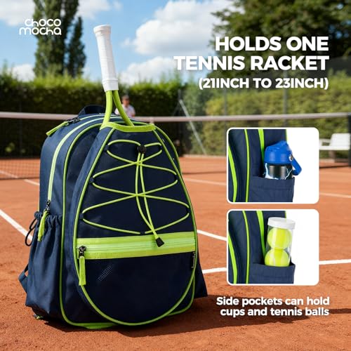 Choco Mocha Kids Tennis Bag, 16 Inch Youth & Junior Tennis Backpack with Shoe Compartment, Holds 2 Rackets (21–23 Inch) - color: Camo Blue