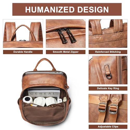 Vegan Leather Backpack for Women and Men, Fits 16.0 Inch Laptop, Multi-Pocket Design with Water Bottle and Luggage Strap, Ideal for Work, Travel, and Daily Use, Brown - color: 1-1 Brown