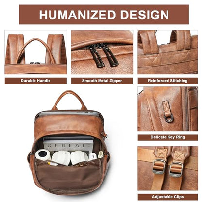 Vegan Leather Backpack for Women and Men, Fits 16.0 Inch Laptop, Multi-Pocket Design with Water Bottle and Luggage Strap, Ideal for Work, Travel, and Daily Use, Brown - color: 1-1 Brown