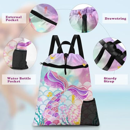 Pink Mermaid Drawstring Backpack, 15” x 17” Waterproof Swim Bag for Beach Swimming Pool, Lightweight Foldable Gym Bag with Water Bottle Holder for Sports Travel - color: Pink Mermaid