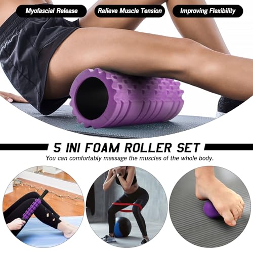 JOYENERGY 5 in 1 Foam Roller Set, Trigger Point Foam Roller Patented, Massage Roller Stick, Massage Ball, Stretching Strap for Deep Tissue Massager for Muscle Pilates Yoga Whole Body - color: Violet