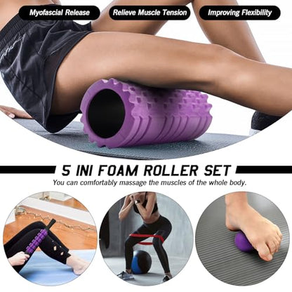 JOYENERGY 5 in 1 Foam Roller Set, Trigger Point Foam Roller Patented, Massage Roller Stick, Massage Ball, Stretching Strap for Deep Tissue Massager for Muscle Pilates Yoga Whole Body - color: Violet