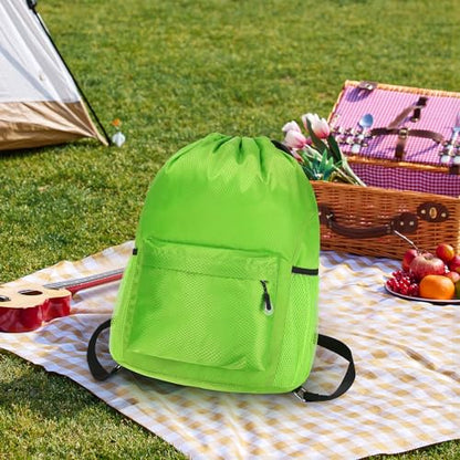 Waterproof Drawstring Bag, Lightweight String Backpack with Water Bottle Holder and Pockets, Gym Sports Cinch Sackpack (Green) - color: Green