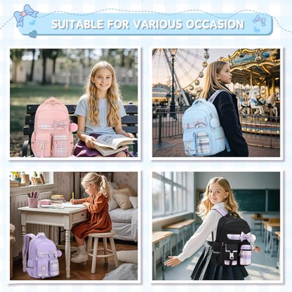 MOONBABY Girls Backpack, Kids Backpack for Girls School Bags with Pen Case, Bow Plaid Book Bag for Elementary Middle Primary High School College, Blue-2pcs - color: Blue