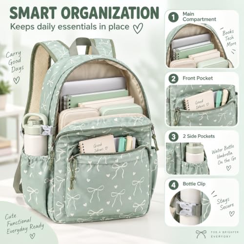 LOIDOU Girls Backpack for Kids Cute School Bookbag - color: Sage Green, size: L-17"