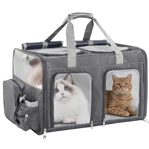 Cat Carrier for 2 Cats - Double Pet Carrier Extra Large, Dual Cabin Multi Cat Travel Carrier with Removable Divider, Collapsible, Can Hold 20 30 40 lbs for Two Small Kitten, a Medium Dog Gray - color: Gray