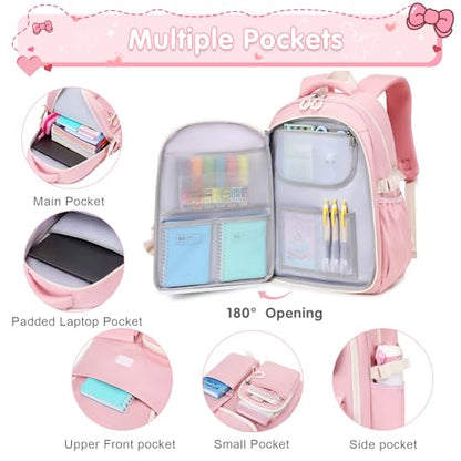 ACESAK Girls Backpack - 3PCS Backpack for Girls Cute School Backpacks for Girl Kindergarten Elementary Preschool Middle Kids School Bags with Lunch Box Pencil Case Set (Pink Beige) - color: Pink Beige