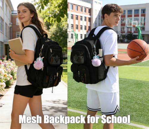 Mesh Backpack for Girls Boys, Heavy Duty Semi-Transparent Bookbag Womens Mens Backpacks for School, Beach, Swimming—Black - color: Black