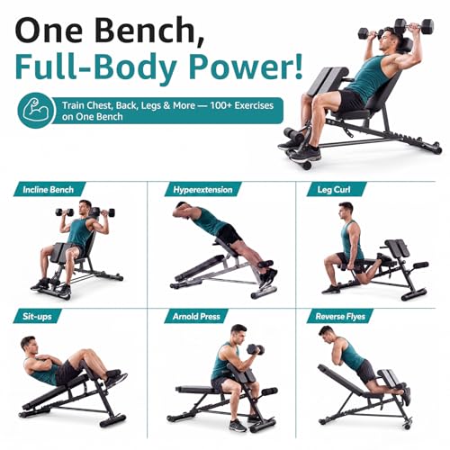 OLIXIS Adjustable Weight Bench, 660 LBS Foldable Workout Bench Press | Heavy Duty Chest Press Machine with Hyper Back Extension & 2 Wheels, for Flat Incline Decline Sit Up for Home Gym - color: Pure Black