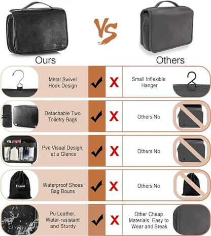 Elviros Hanging Toiletry Bag Removable Travel Bag PU leather Makeup Cosmetic Organizer Kit, Black - color: Black