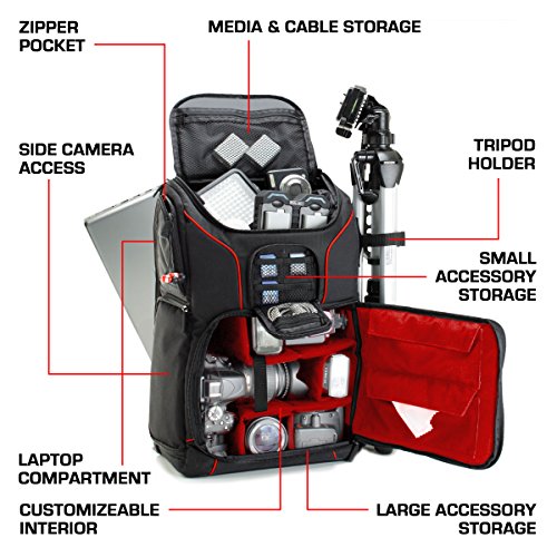 USA Gear Camera Backpack for Photographers DSLR/SLR/Mirrorless Camera Bag with Laptop Slot, Rain Cover, Tripod Holder - color: Red