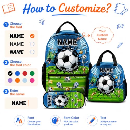 Personalized Kids Backpack for Boys Soccer School Bag Set - 17 Inch Custom Elementary Middle School Sports Themed Bookbag with Lunch Box and Pencil Case - color: Green