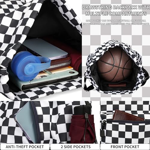 Drawstring Backpack for Women Drawstring Gym Bag Water Resistant Small Cinch Sack Pull String Backpack Bag (Checkered-Black) - color: Checkered-black