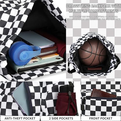 Drawstring Backpack for Women Drawstring Gym Bag Water Resistant Small Cinch Sack Pull String Backpack Bag (Checkered-Black) - color: Checkered-black
